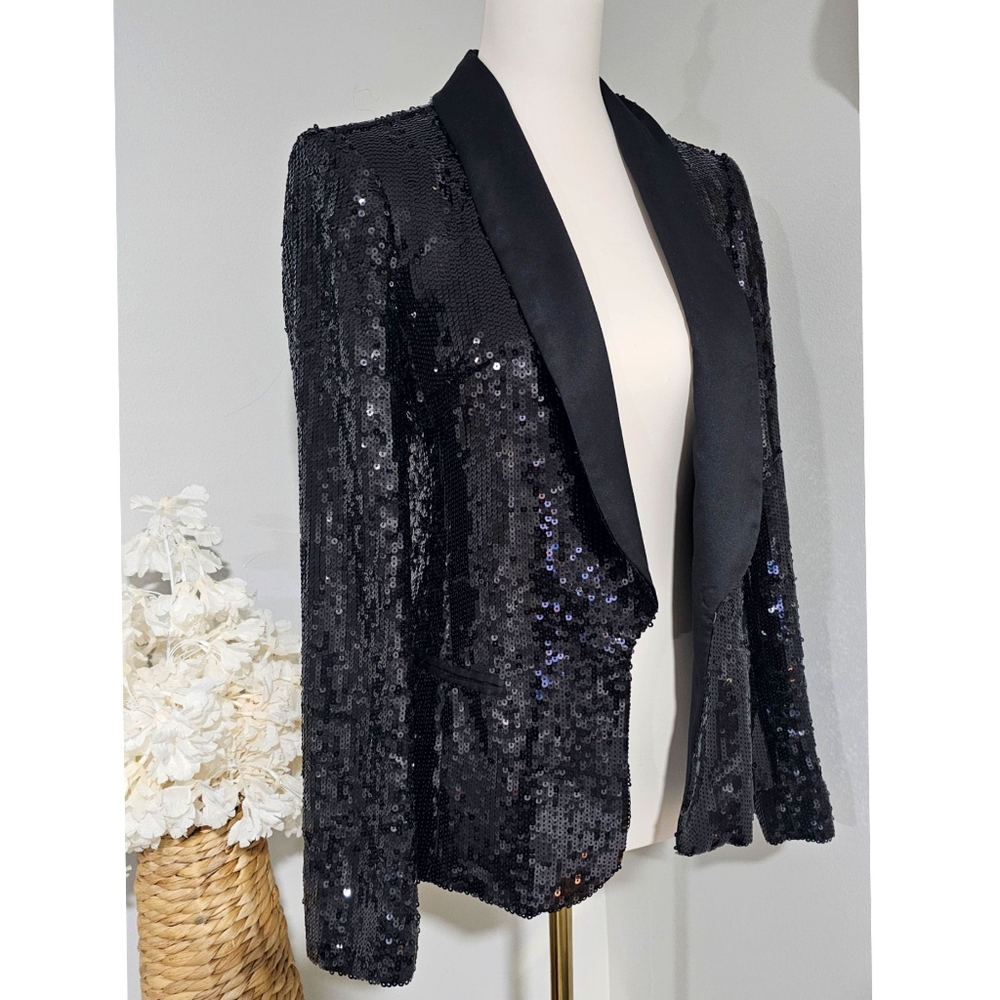 London Jean Black Sequin Shawl Collar Tux Blazer Jacket